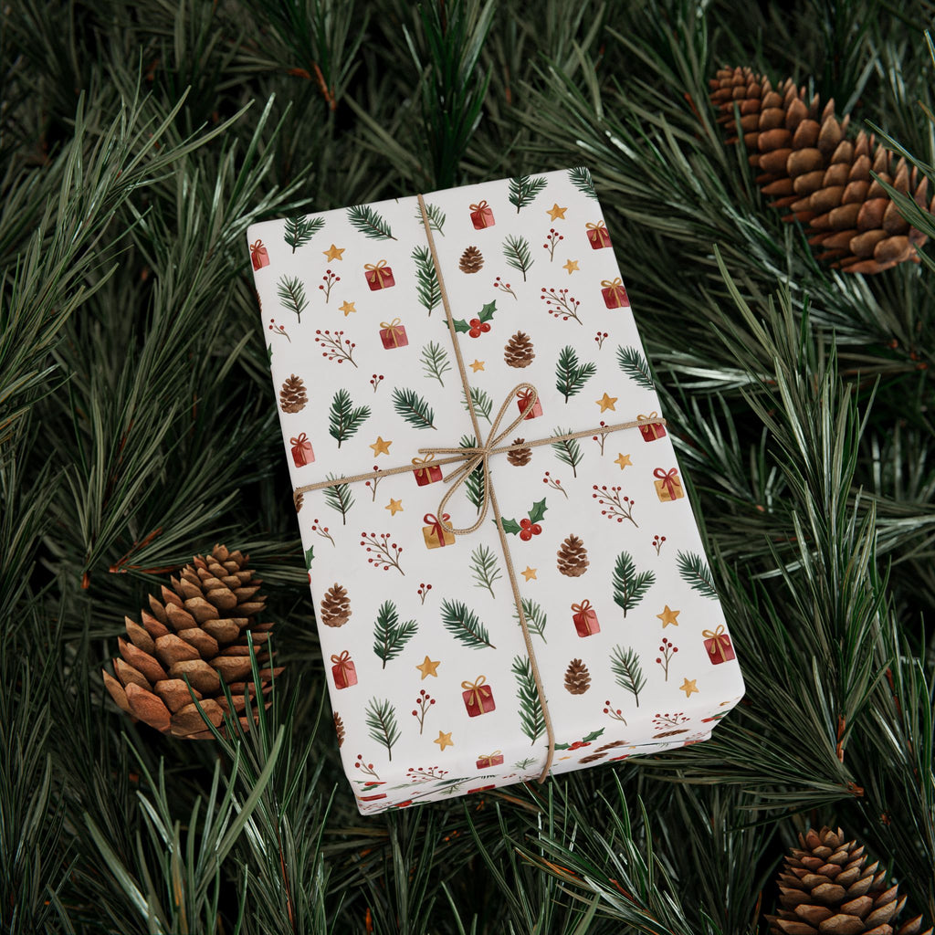 Christmas Mini Icons Wrapping Paper — Festive Holly, Pine & Gifts Pattern