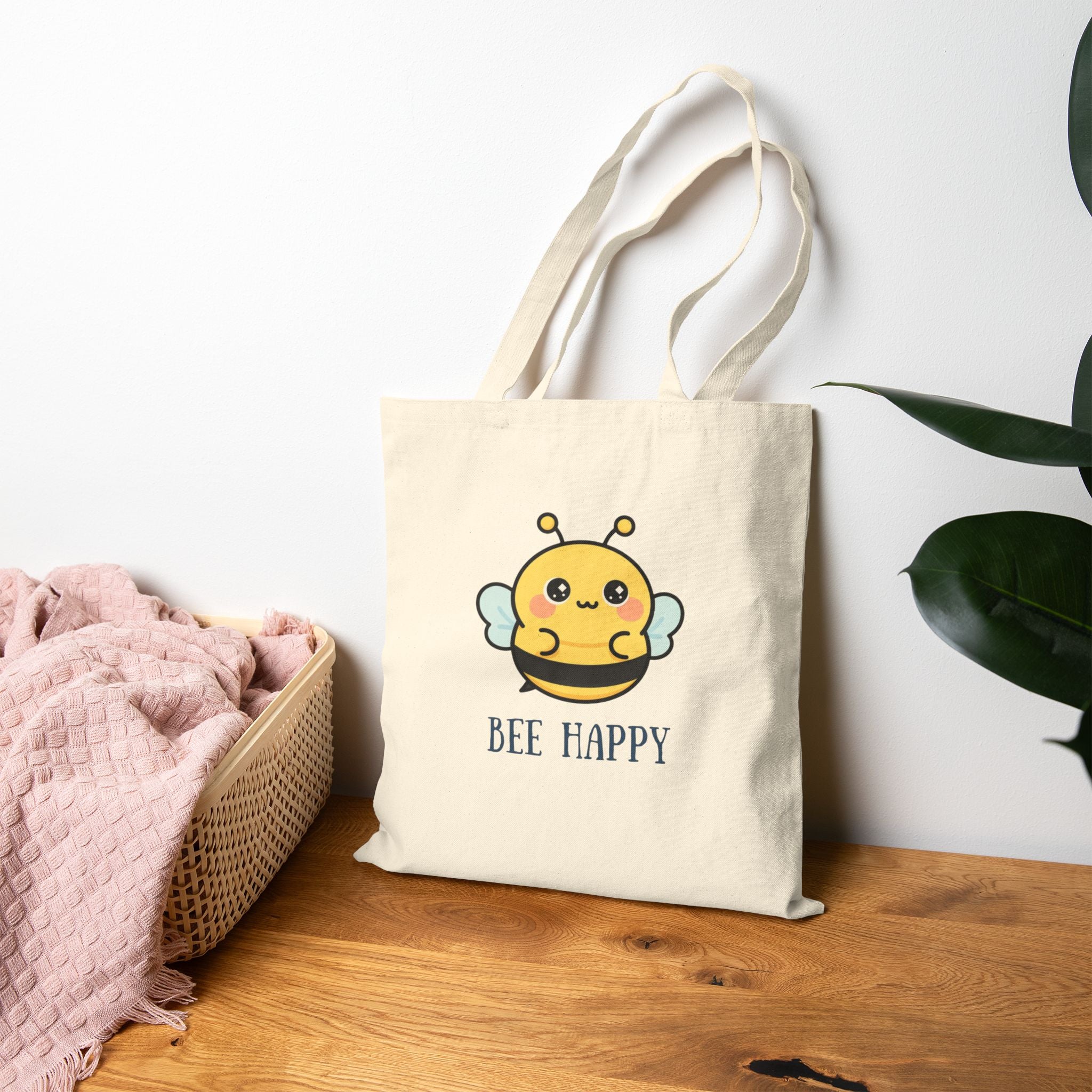 Bee Happy Cotton Tote Bag – Cute Kawaii Bee Reusable Shopping Bag