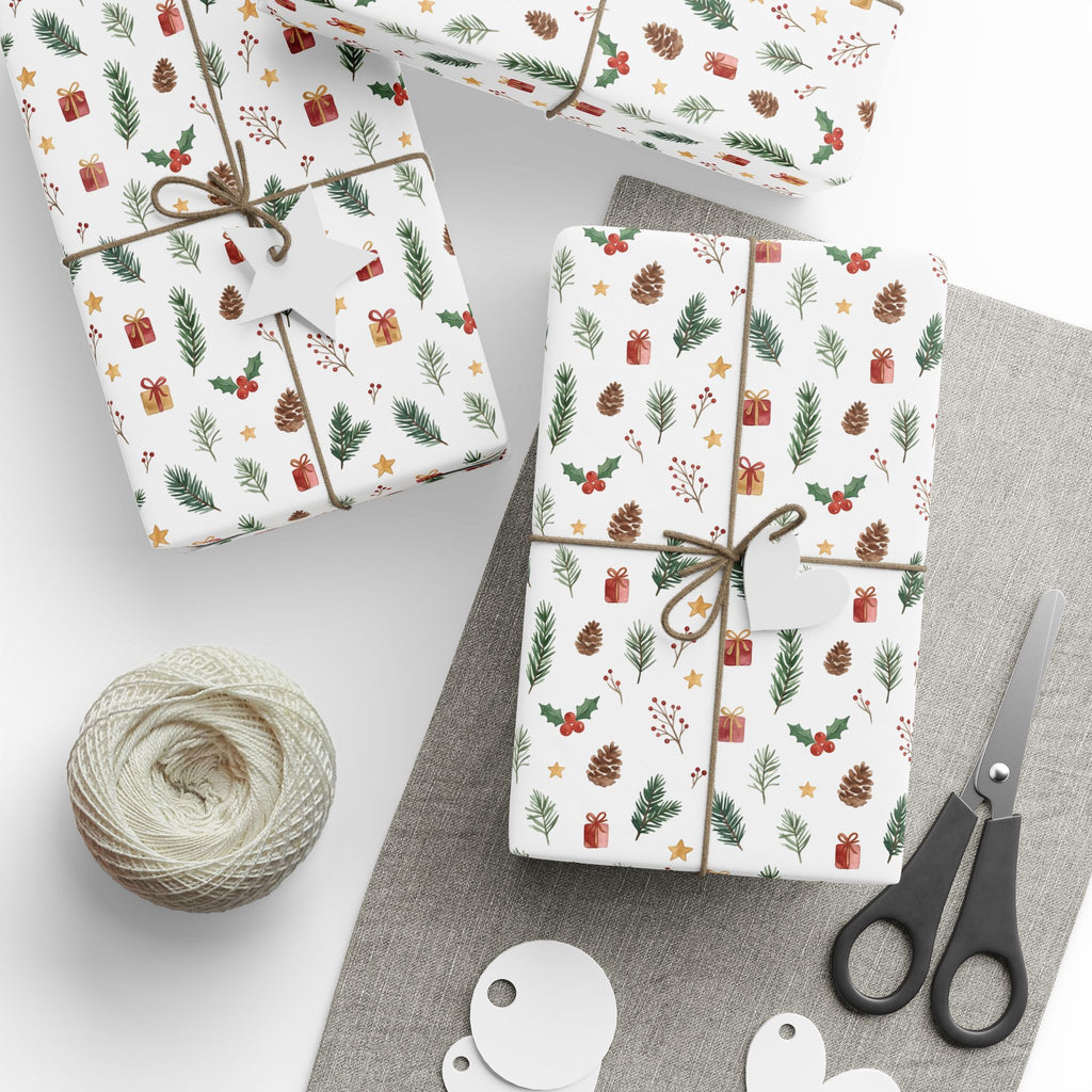 Christmas Mini Icons Wrapping Paper — Festive Holly, Pine & Gifts Pattern