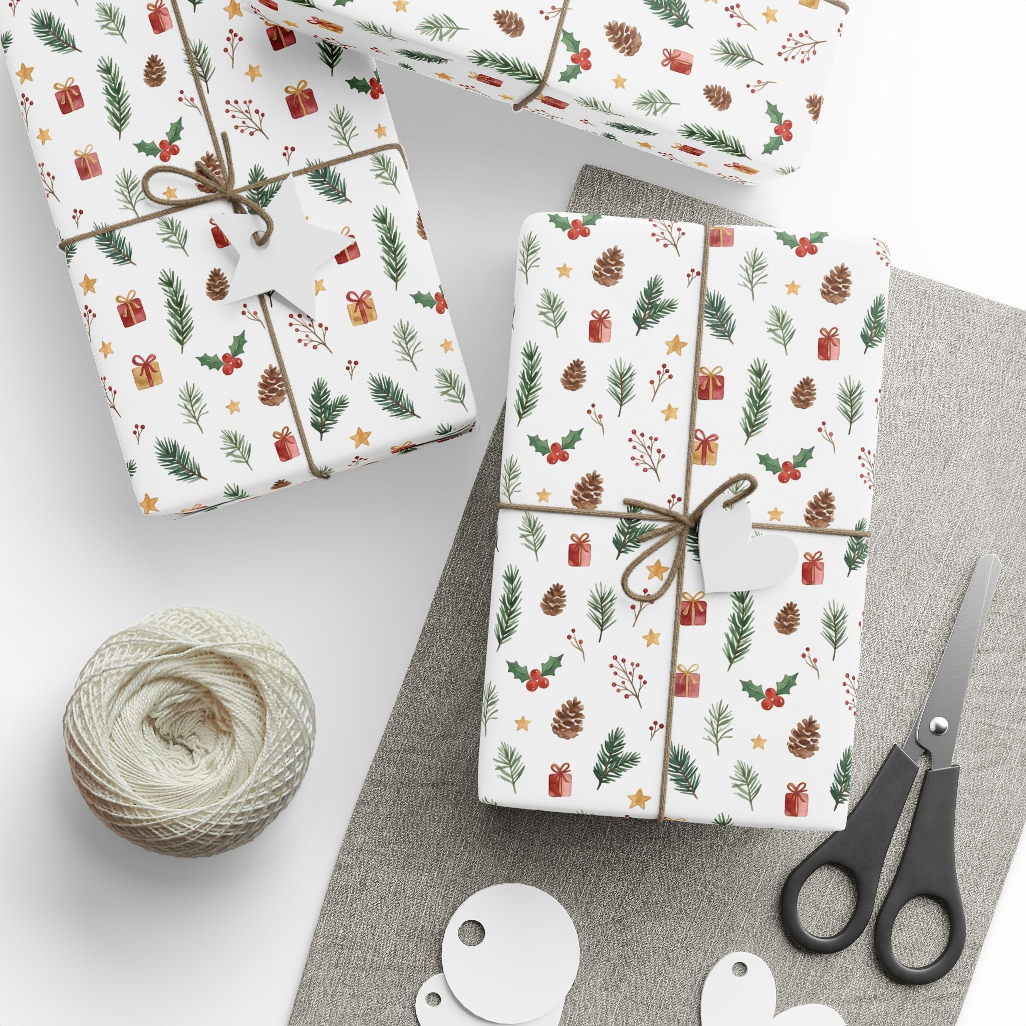 Christmas Mini Icons Wrapping Paper — Festive Holly, Pine & Gifts Pattern