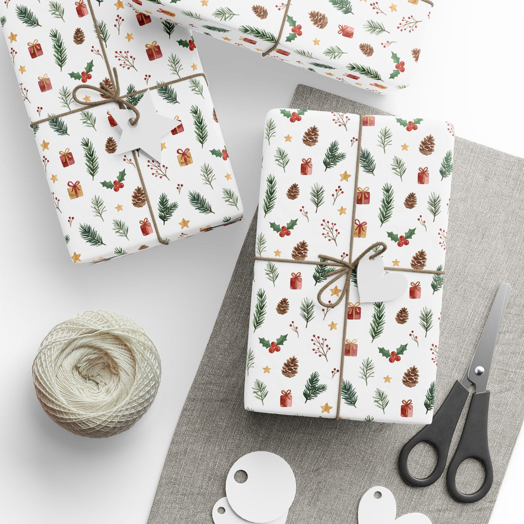 Christmas Mini Icons Wrapping Paper — Festive Holly, Pine & Gifts Pattern