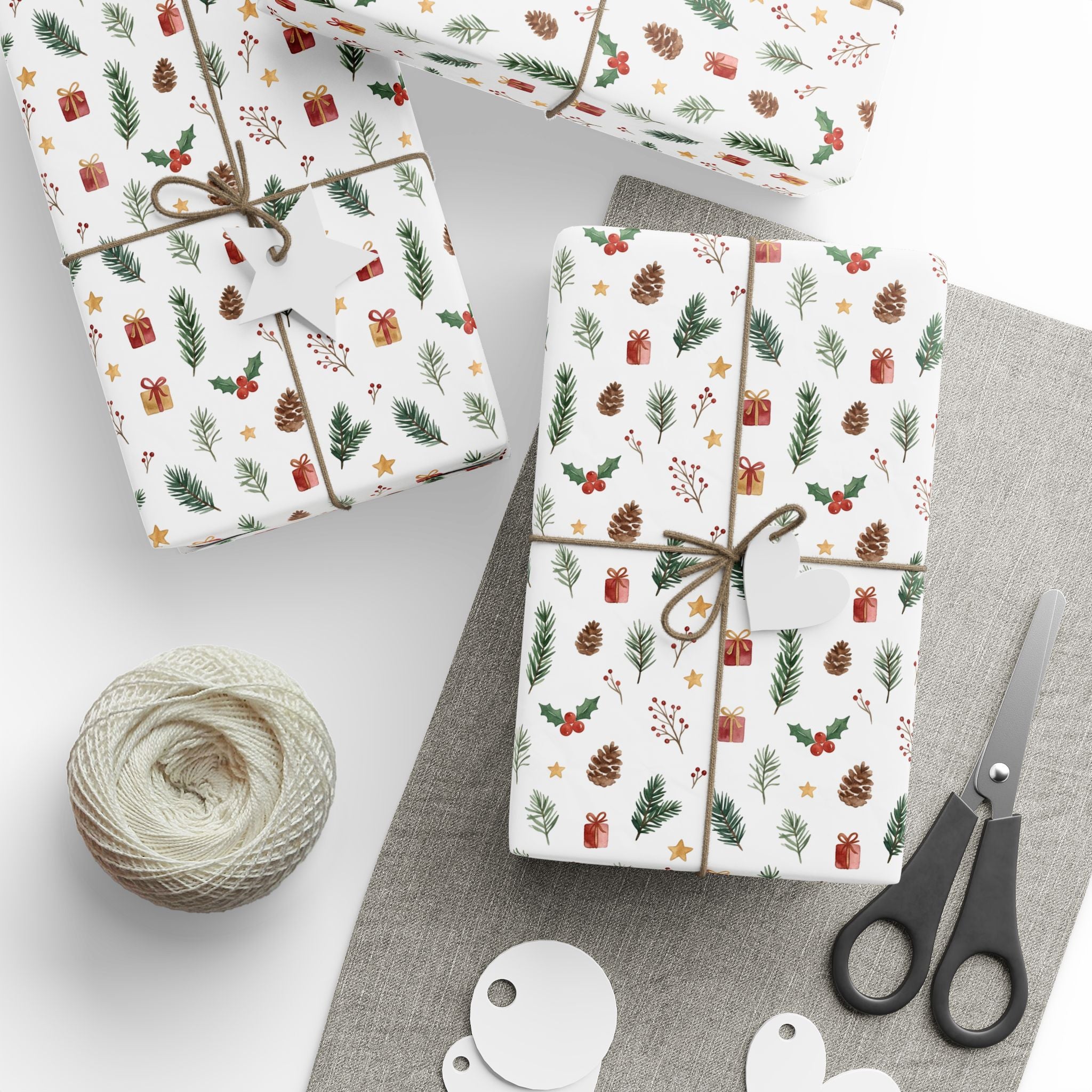 Christmas Mini Icons Wrapping Paper — Festive Holly, Pine & Gifts Pattern